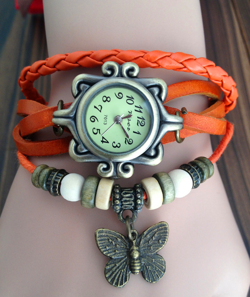 Handmade Vintage Real Leather Strap With Butterfly Decorated Watches Woman Girl Quartz Wrist Watch Bracelet Orange