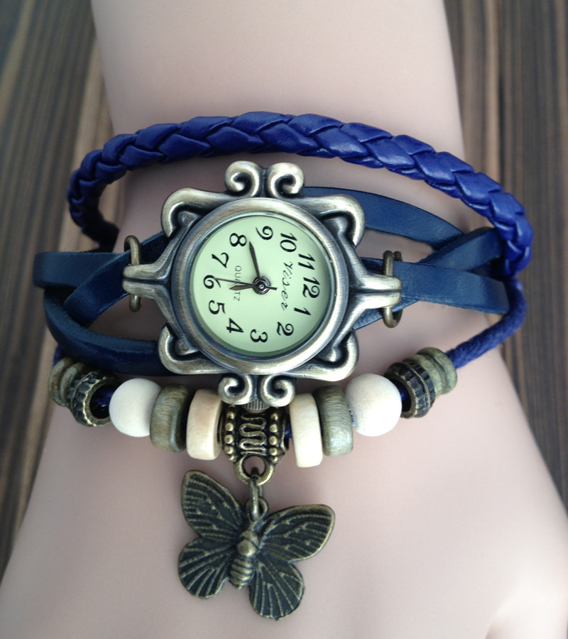 Handmade Vintage Real Leather Strap With Butterfly Decorated Watches Woman Girl Quartz Wrist Watch Bracelet Blue
