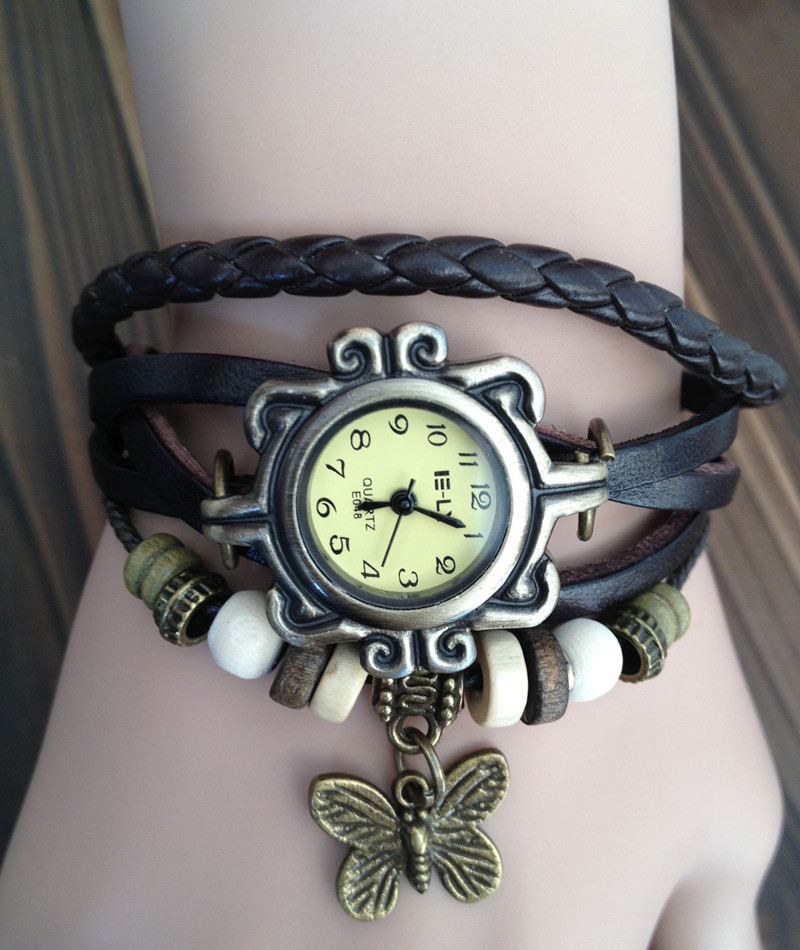 Handmade Vintage Real Leather Strap With Butterfly Decorated Watches Woman Girl Quartz Wrist Watch Bracelet Brown