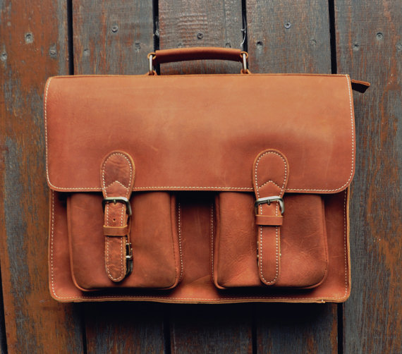Men's Handmade Leather Briefcase 15-inch Laptop Bag Leather Messenger Bag Shoulder Bag 15