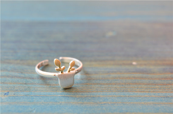 Silver Deer Ring, Plant Shape Ring,14k Gold Plated, Adjustable, One Size Suits All (jz15)
