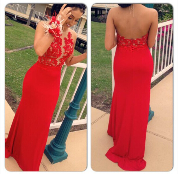 Red Prom Dress,pretty Red Backless Halter Neckline Prom Dress With Lace Applique, Prom Dresses, Evening Dresses