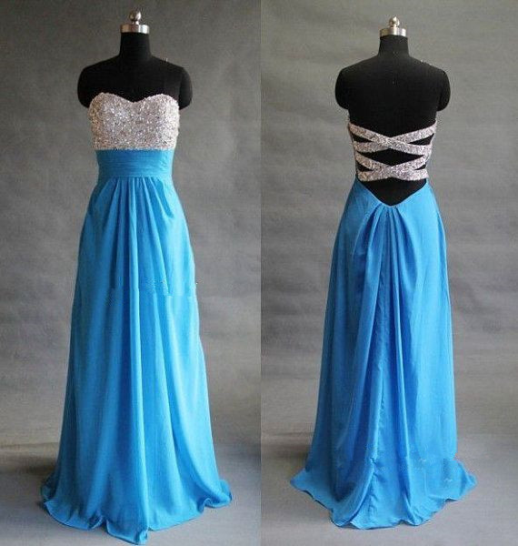 Pretty Handmade Blue Beadings Cross Back Long Prom Dresses 2015, Evening Dresses, Formal Gowns, Blue Prom Dresses