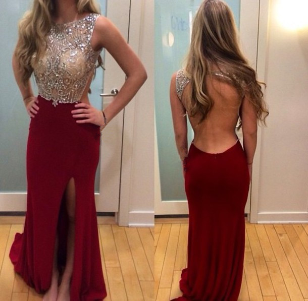Pretty Sparkle Beaded Wine Red Slit Backless Prom Gown 2016, Wine Red Prom Dresses, Formal Dresses