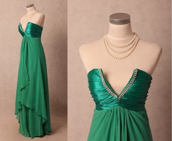 Pretty Green Handmade Chiffon A-line Prom Dresses, Sexy Formal Dresses, Party Dresses, Green Prom Gown
