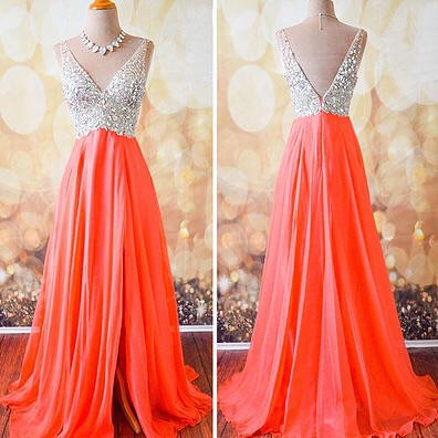 Prom Gown A-line V-neck Prom Dress,orange Chiffon Skirt Beaded Bodice Long 2016