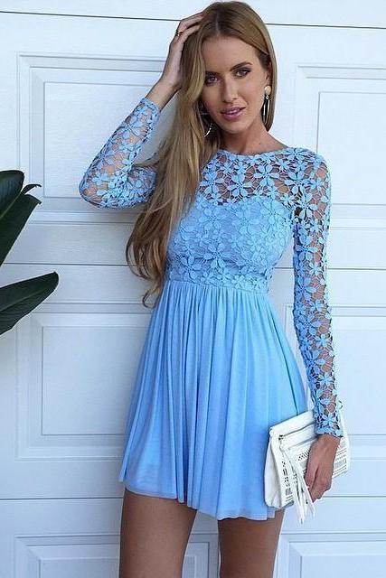 Sexy Short Sleeve Hollow Lace Blue Homecoming Dresses 2019 Chiffon Short Cocktail Party Dresses Mini Bridesnmaid Dresses