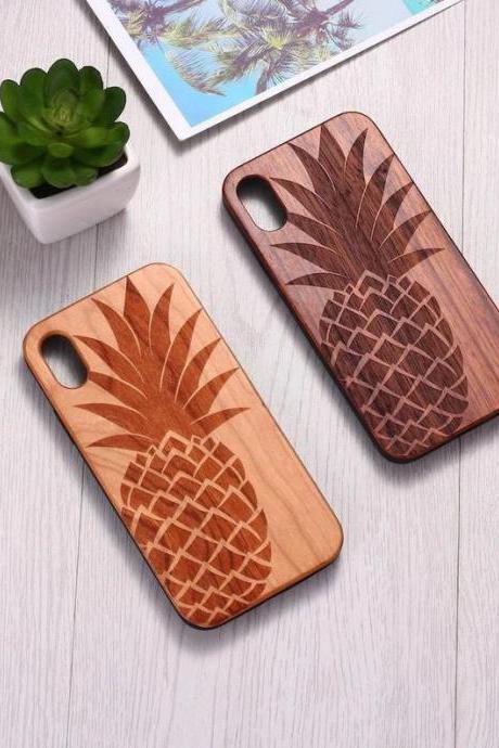 Real Wood Wooden Pineapple Fruit Tropic Carved Cover Case For Iphone 5 5s Se 6 6s 7 8 Plus X Xs Xr Max 11 12 Pro Max