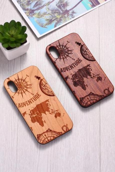 Real Wood Wooden Map Travel Adventure Compass Carved Cover Case For iPhone 5 5S SE 6 6S 7 8 Plus X XS XR Max 11 12 Pro Max