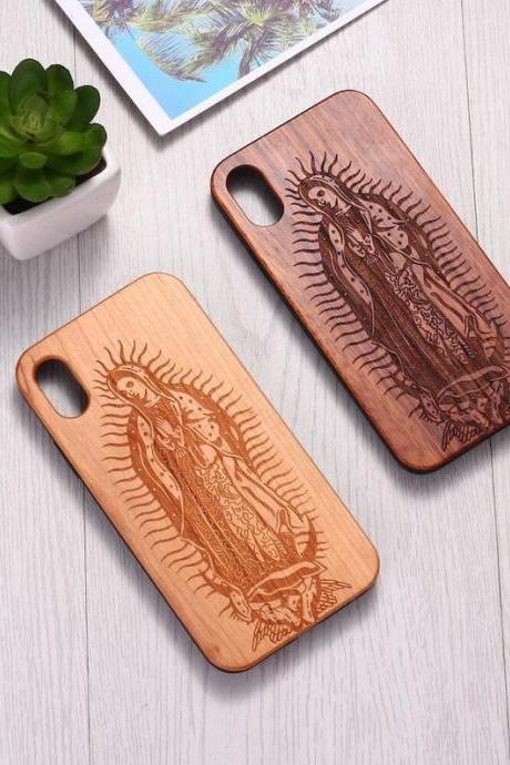 Real Wood Wooden Maria Blessed Virgin Of Guadalupe Christian Carved Cover Case For Iphone 5 5s Se 6 6s 7 8 Plus X Xs Xr Max 11 12 Pro Max