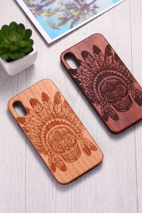 Real Wood Wooden Indian Chief Skull Carved Cover Case For Iphone 5 5s Se 6 6s 7 8 Plus X Xs Xr Max 11 12 Pro Max