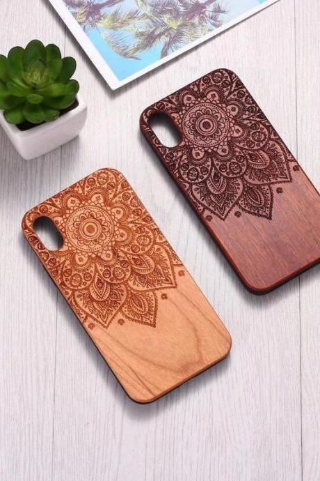 Real Wood Wooden Floral Mandala Boho Hindu Carved Cover Case For iPhone 5 5S SE 6 6S 7 8 Plus X XS XR Max 11 12 Pro Max