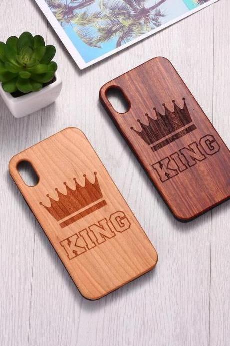 Real Wood Wooden King Boyfriend Couple Carved Cover Case For iPhone 5 5S SE 6 6S 7 8 Plus X XS XR Max 11 12 Pro Max
