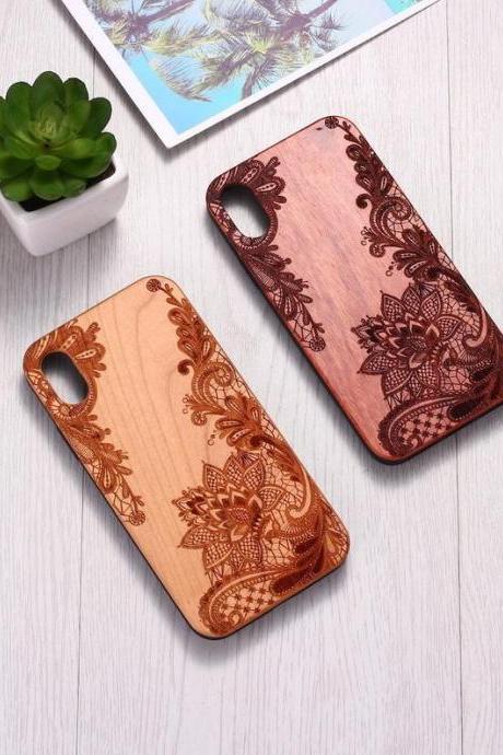 Real Wood Wooden Vintage Floral Lotus Flower Carved Cover Case For Iphone 5 5s Se 6 6s 7 8 Plus X Xs Xr Max 11 12 Pro Max