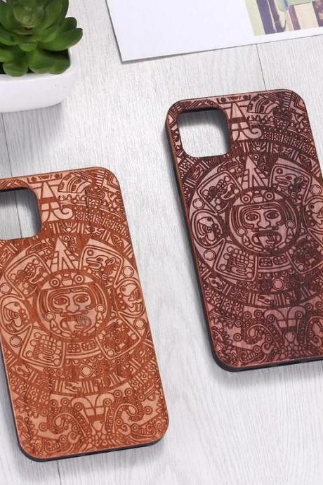 Real Wood Wooden Mayan Calendar Ancient Aztec Carved Cover Case For iPhone 5 5S SE 6 6S 7 8 Plus X XS XR Max 11 12 Pro Max