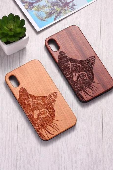 Real Wood Wooden Cute Cat Kitty Carved Cover Case For Iphone 5 5s Se 6 6s 7 8 Plus X Xs Xr Max 11 12 Pro Max