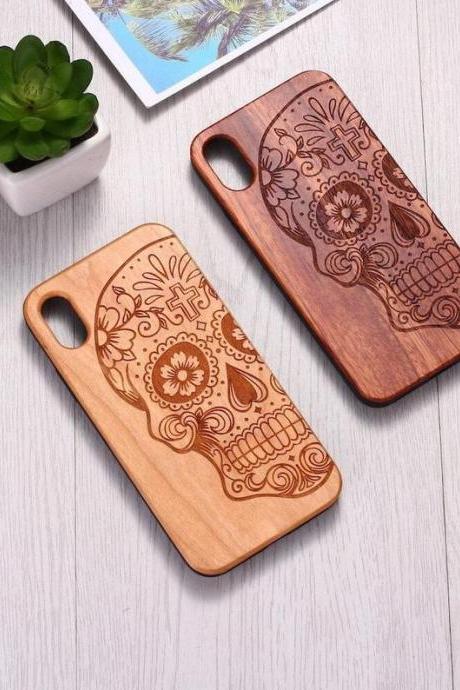 Real Wood Wooden Sugar Skull Mexican Skull Carved Cover Case For Iphone 5 5s Se 6 6s 7 8 Plus X Xs Xr Max 11 12 Max Pro