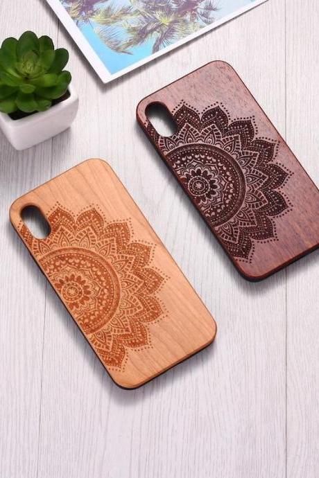 Real Wood Wooden Mandala Hindu Boho Carved Cover Case For Iphone 5 5s Se 6 6s 7 8 Plus X Xs Xr Max 11 12 Pro Max