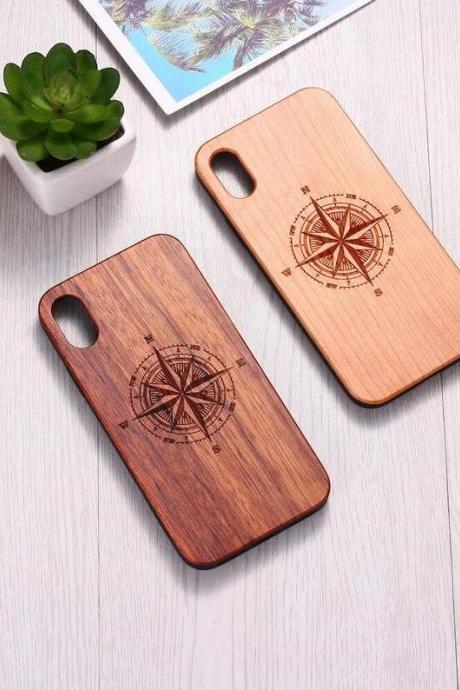 Real Wood Wooden Compass Travel Carved Cover Case For iPhone 5 5S SE 6 6S 7 8 Plus X XS XR Max 11 12 Pro Max