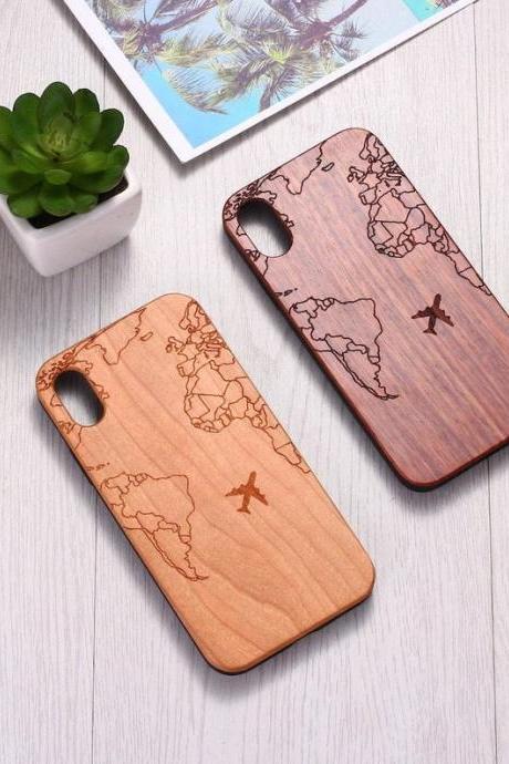 Real Wood Wooden Travel World Map Air Plane Flight Carved Cover Case For iPhone 5 5S SE 6 6S 7 8 Plus X XS XR Max 11 12 Pro Max