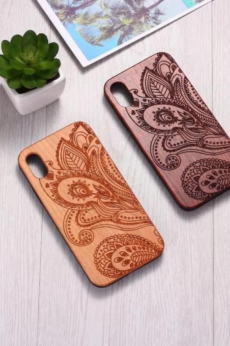 Real Wood Wooden Vintage Floral Lotus Flower Henna Paisley Carved Cover Case For iPhone 5 5S SE 6 6S 7 8 Plus X XS XR Max 11 12 Pro Max