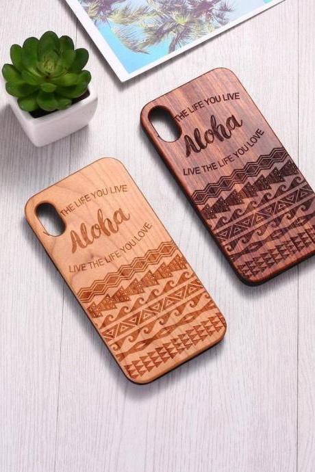 Real Wood Wooden Aloha Aztec Positive Quote Cover Case For Iphone 5 5s Se 6 6s 7 8 Plus X Xs Xr Max 11 12 Pro Max