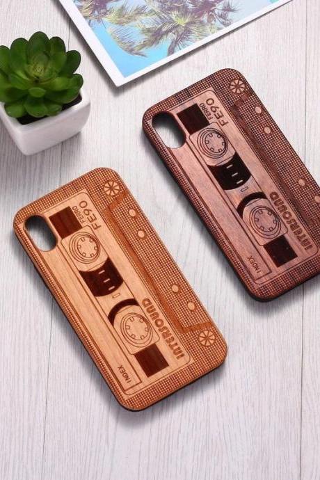 Real Wood Wooden Retro Vintage Cassette Music Tape Carved Cover Case For iPhone 5 5S SE 6 6S 7 8 Plus X XS XR Max 11 12 Pro Max