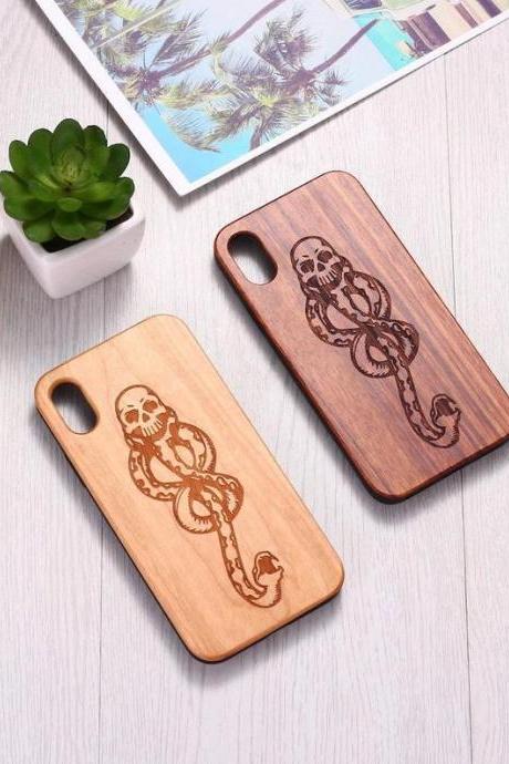Real Wood Wooden Snake Skull Death Eater Sign Carved Cover Case For iPhone 5 5S SE 6 6S 7 8 Plus X XS XR Max 11 12 Pro Max