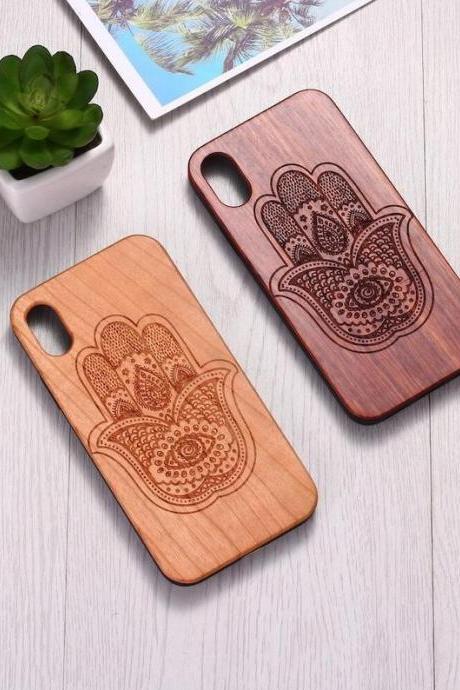 Real Wood Wooden Hamsa Hamza Hand Of Fatima Carved Cover Case For Iphone 5 5s Se 6 6s 7 8 Plus X Xs Xr Max 11 12 Pro Max