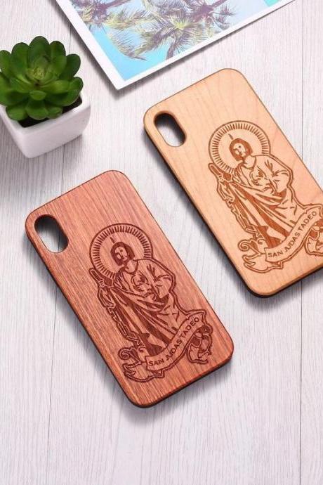 Real Wood Wooden San Judas Tadeo Christian Carved Cover Case For iPhone 5 5S SE 6 6S 7 8 Plus X XS XR Max 11 12 Pro Max