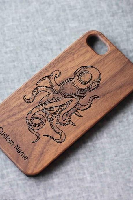 Diving octopus iPhone case for 13 mini 11 X wood iphone case iPhone 12 wood case iPhone 13 pro max, iphone 12 case